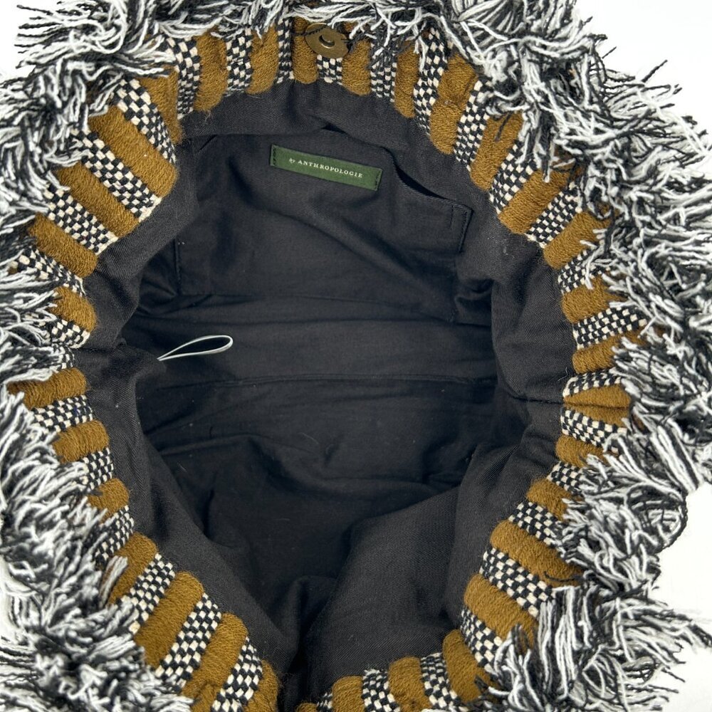 ANTHROPOLOGIE Olive Green White Black Gabi Braided Fringe Boho Festival Tote Bag - Picture 7 of 9
